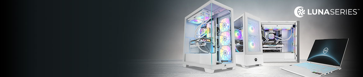 Luna Series™ We introduceren de all-white-configurators voor de Luna-serie van PCSpecialist. Ze leveren uitzonderlijke prestaties met een uiterlijk dat gegarandeerd een gewaagde statement maakt in elke configuratie.